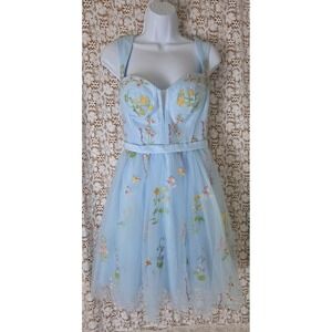 Class and Fashion Blue Tulle Mini Fairy Dress Floral Embroidered Corset Back NWT
